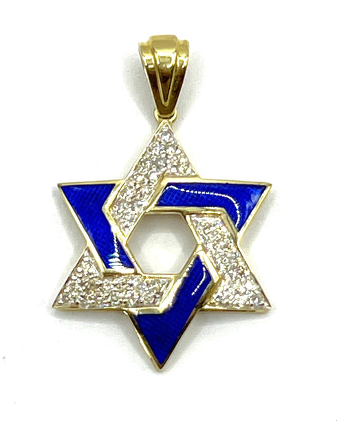 14K Gold & Diamond With Blue Enamel Star of David Necklace